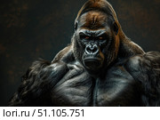 Imposing male gorilla staring with intense gaze on dark background. Стоковое AI-изображение, AI-художник Иван Рябоконь / Фотобанк Лори