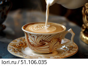 Steaming milk pouring into elegant cup of coffee creating latte art. Стоковое AI-изображение, AI-художник Иван Рябоконь / Фотобанк Лори