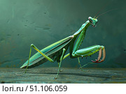 Praying mantis standing on a surface with a blurred background. Стоковое AI-изображение, AI-художник Иван Рябоконь / Фотобанк Лори