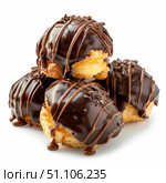 Chocolate covered profiteroles drizzled with chocolate sauce. Стоковое AI-изображение, AI-художник Иван Рябоконь / Фотобанк Лори