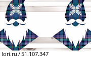 Plaid Christmas gnomes with snowflake designs on rustic white wood background. Стоковое AI-изображение, AI-художник Лариса Пономарева / Фотобанк Лори