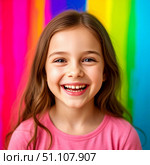 Portrait of happy girl with smile on face on colorfull background. Стоковое AI-изображение, AI-художник Ирина Гильмуллина / Фотобанк Лори