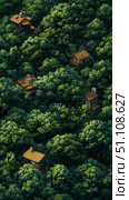 Intricate aerial illustration showcasing multiple rustic wooden cabins and hidden homes nestled deeply within vast, vibrant, and dense green forest canopy, evoking sense of tranquil seclusion and natu. Стоковое AI-изображение, AI-художник Данила Большаков / Фотобанк Лори