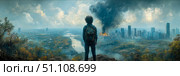 Panoramic view of lone figure with backpack overlooking vast cityscape, witnessing large fire and billowing smoke rising from urban sprawl under cloudy sky. Стоковое AI-изображение, AI-художник Данила Большаков / Фотобанк Лори