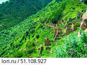 Picturesque landscape of a green mountain slope with ruins of the mountain village of Gamsutl. North Caucasus (2024 год). Стоковое фото, фотограф Константин Лабунский / Фотобанк Лори