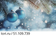 Blue Christmas baubles with a frosted finish hang from snow-covered pine branches in a serene winter scene. zoom in, zoom out, pan, or 360 degree shot, animate. Стоковое AI-видео, аниматор ALLA YURTAYEVA / Фотобанк Лори