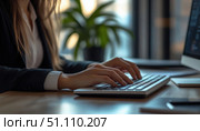 A woman is typing on a keyboard in front of a potted plant. Стоковое AI-изображение, AI-художник Ярославский Максим / Фотобанк Лори