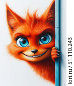 A cartoon cat with blue eyes and orange fur is peeking out from behind a wall. Стоковое AI-изображение, AI-художник Ярославский Максим / Фотобанк Лори