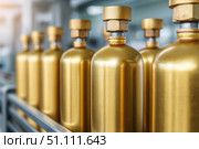 Brass oxygen tanks. Bundle of gas cylinder and high pressure gauges, meter, valve. Many argon cylinders with compressed gas for industry, welding. Fuel manufacturing. Liquefied gas production, factory. Стоковое AI-изображение, AI-художник Марина Демидюк / Фотобанк Лори