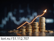 Money coin stack growing graph investment. Finance save. Success, growth wealth stock market. Business in the digital age. Trading chart in financial concepts. Prosperity. Cryptocurrency. Technology. Стоковое AI-изображение, AI-художник Марина Демидюк / Фотобанк Лори