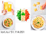 Hands preparing pasta dishes with colorful noodles for World Pasta Day. Стоковое AI-изображение, AI-художник DeFusum / Фотобанк Лори