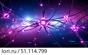 Neural network and artificial intelligence concept with glowing neurons. Abstract futuristic background of brain cells and synapses in space. 3d science technology illustration. Стоковое AI-изображение, AI-художник Павел Муравьев / Фотобанк Лори
