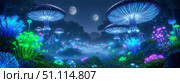 Enchanted forest at night with giant glowing mushrooms. Fantasy landscape with magical bioluminescent plants and two moons. Psychedelic fairytale world illustration for games. Стоковое AI-изображение, AI-художник Павел Муравьев / Фотобанк Лори