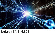 Abstract big data explosion and futuristic technology background. Digital network connection concept with a central light source and information streams in cyberspace. Стоковое AI-изображение, AI-художник Павел Муравьев / Фотобанк Лори