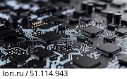 Futuristic circuit board with multiple processors and glowing blue connections, technology hardware background for network communication and big data processing server concept. Стоковое AI-изображение, AI-художник Павел Муравьев / Фотобанк Лори