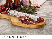Spanish dry Fuet sausages snack. Стоковое фото, фотограф Андрей Старостин / Фотобанк Лори