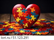 Colorful heart shaped puzzle representing autism awareness on rustic wooden background. Стоковое AI-изображение, AI-художник Иван Рябоконь / Фотобанк Лори