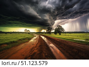 Dramatic supercell storm forming over wet country road. Стоковое AI-изображение, AI-художник Иван Рябоконь / Фотобанк Лори