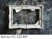Broken white frame leaning on damaged wall representing loss and decay. Стоковое AI-изображение, AI-художник Иван Рябоконь / Фотобанк Лори