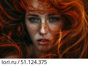 Portrait of redheaded model showing freckles and long, flowing hair. Стоковое AI-изображение, AI-художник Иван Рябоконь / Фотобанк Лори