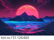 Synthwave retro futuristic landscape with big red sun and gridded terrain. Стоковое AI-изображение, AI-художник Иван Рябоконь / Фотобанк Лори
