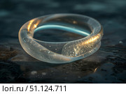 Transparent glass ring exhibiting golden particles and light effects. Стоковое AI-изображение, AI-художник Иван Рябоконь / Фотобанк Лори