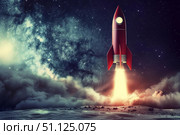 Red rocket launching from lunar surface into starry sky. Стоковое AI-изображение, AI-художник Иван Рябоконь / Фотобанк Лори
