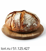 Round loaf of crusty bread resting on wooden board. Стоковое AI-изображение, AI-художник Иван Рябоконь / Фотобанк Лори