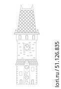 Rasterized copy coloring page Medieval Town Hall Clock Tower isolated on white background, cutout ready. Стоковая иллюстрация, иллюстратор Елена  Попкова / Фотобанк Лори
