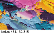 A Vibrant Palette of Textured Colors: An Abstract Canvas Exploration of Dynamic Swirls and Layers in Shades of Pink, Blue, Yellow, and Purple. Стоковое AI-изображение, AI-художник Башкирова Анна / Фотобанк Лори