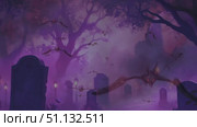 Жуткая сцена на кладбище в тумане / Creepy scene in a cemetery with fog, old tombstones and twisted branches, softly glowing lanterns illuminating the paths, bats flying in the fog, a chilling atmosphere. Стоковое AI-видео, аниматор DeFusum / Фотобанк Лори