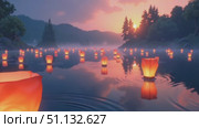 Плавающие фонари освещают безмятежное озеро на закате с горами / Floating lanterns illuminating serene lake at sunset with mountains. Стоковое AI-видео, аниматор DeFusum / Фотобанк Лори