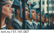 Students celebrate their graduation in caps and gowns at a university campus during a joyful ceremony. Стоковое AI-видео, аниматор Данила Большаков / Фотобанк Лори