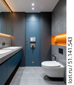 Toilet room in a modern apartment in Japanese minimalist style. Стоковое AI-изображение, AI-художник Анна Никонорова / Фотобанк Лори