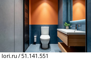 Toilet room in a modern apartment in Japanese minimalist style. Стоковое AI-изображение, AI-художник Анна Никонорова / Фотобанк Лори