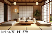 Living room in minimalist Japanese style. Стоковое AI-изображение, AI-художник Анна Никонорова / Фотобанк Лори
