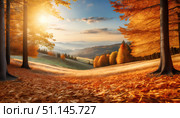 Golden autumn forest opening to misty mountain valleys under warm sunlight, symbolizing seasonal change, natures beauty, and travel inspiration in Europe. Стоковое AI-изображение, AI-художник Igor Tichonow / Фотобанк Лори