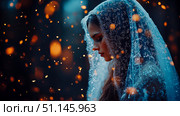 Dreamlike Portrait of Serene Woman Draped in Sparkling Blue Veil, Surrounded by Myriad of Golden Ethereal Lights. Стоковое AI-изображение, AI-художник Данила Большаков / Фотобанк Лори