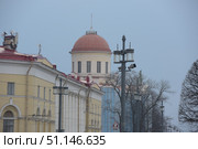 Architectural view of St. Petersburg with a dome of a historic building and columns on the facade. In the foreground are classical street lamps and bare trees in winter or early spring. The building is painted light yellow, the dome is red-brown, which contrasts with the blue sky. The atmosphere is calm, the deserted street emphasizes the solemnity and grandeur of the architecture. Suitable for illustrations about St. Petersburg, Russian architecture, tourism, history and the urban environment. (2015 год). Стоковое фото, фотограф Анна Кривицкая / Фотобанк Лори