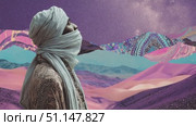 Exploring vibrant landscapes with a man in traditional attire under a starlit sky. Стоковое AI-видео, аниматор Ekaterina Ismagilova / Фотобанк Лори