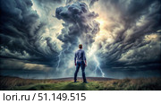 Man Facing Thunderstorm in a Field. Generative AI. Стоковое AI-изображение, AI-художник Roman Zavorotny / Фотобанк Лори