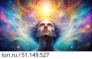 Man With Glowing Eyes Gazes Upward at a Cosmic Display. Generative AI. Стоковое AI-изображение, AI-художник Roman Zavorotny / Фотобанк Лори