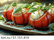 Caprese salad with ripe tomatoes, fresh mozzarella, and basil leaves drizzled with balsamic glaze on a rustic plate. Italian cuisine and gastronomic tour concept. Culinary video blog. Стоковое AI-изображение, AI-художник Ирина Михайличенко / Фотобанк Лори
