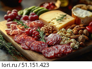 Board with an assortment of cured meats, cheeses, fresh fruits, nuts, and artisan bread arranged on a wooden board. gastronomic tour concept. Culinary video blog. Стоковое AI-изображение, AI-художник Ирина Михайличенко / Фотобанк Лори