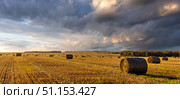 Haystack bale on a golden field landscape at sunset. Rural agricultural scene with bales of hay. Countryside harvest concept. Стоковое фото, фотограф Емельянов Евгений Викторович / Фотобанк Лори