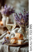Delightful Wine and Cheese Pairing With Lavender Accents in a Cozy Setting. Стоковое AI-изображение, AI-художник Юлия Гапеенко / Фотобанк Лори
