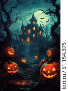 Eerie Pathway Leading to a Haunted House Surrounded by Glowing Pumpkins at Night. Стоковое AI-изображение, AI-художник Юлия Гапеенко / Фотобанк Лори