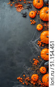 Vibrant Orange Pumpkins Surrounded by Spider Webs and Autumn Leaves for Halloween Decor. Стоковое AI-изображение, AI-художник Юлия Гапеенко / Фотобанк Лори