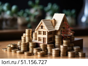 Stack coins and house model on wooden table background. Concept of money management for mortgage loan, fed increase interest rate, real estate price increase. Стоковое AI-изображение, AI-художник Ирина Михайличенко / Фотобанк Лори
