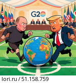 Мир  напряжённо следит за переговорами России и США. Стиль  - карикатура. Редакционное AI-изображение, AI-художник Эссе / Фотобанк Лори